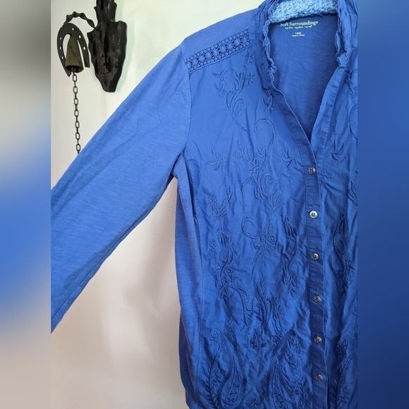 Soft Surroundings Blouse Blue Embroidered Front, Soft Jersey Sleeves and Back - Picture 2 of 7